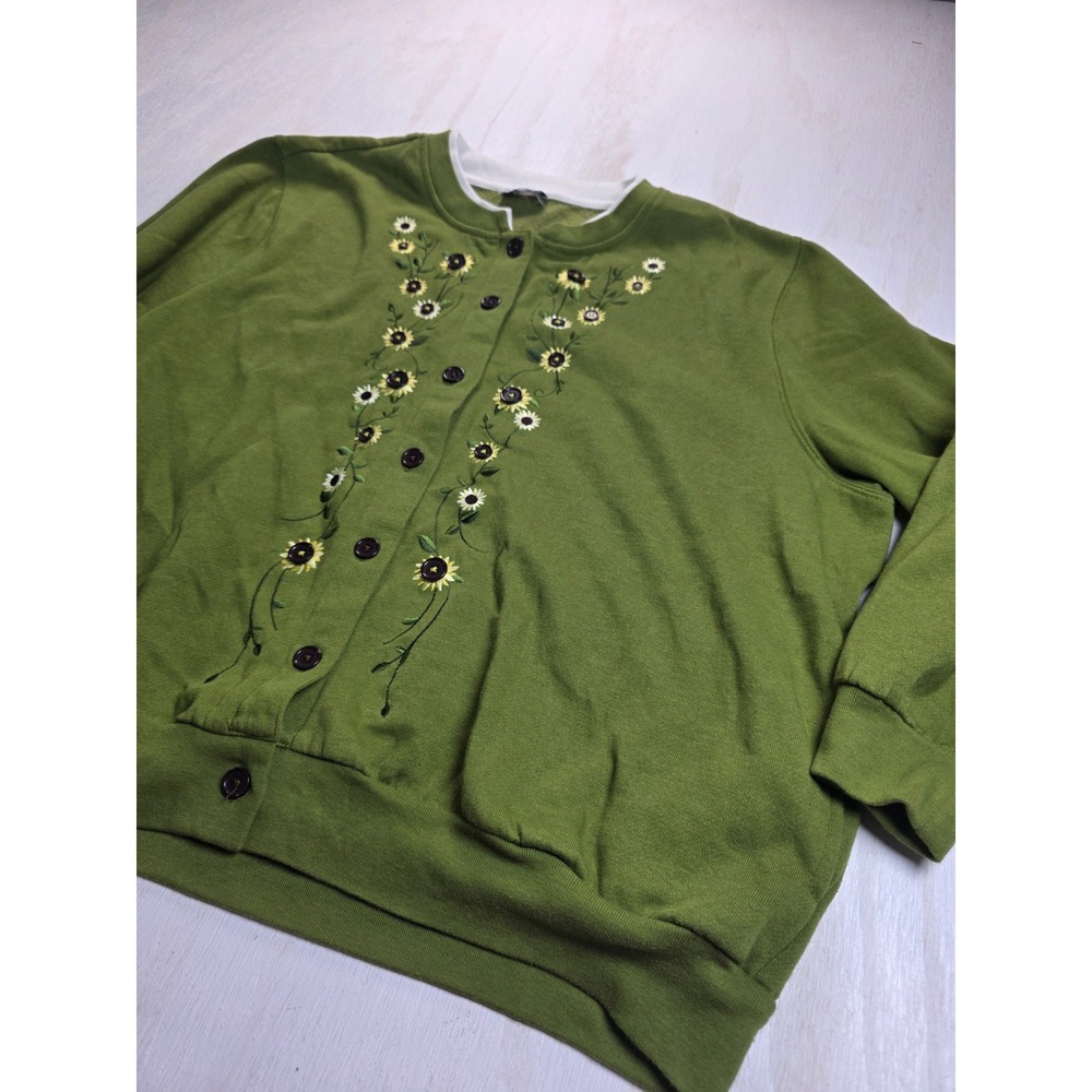BonWorth Embroidered Floral Cardigan Sweatshirt Green Cottagecore Boho XL